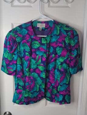 Adrianna Papell  Vintage Silk Vibrant Teal, Purple & Green Floral Top Size 12